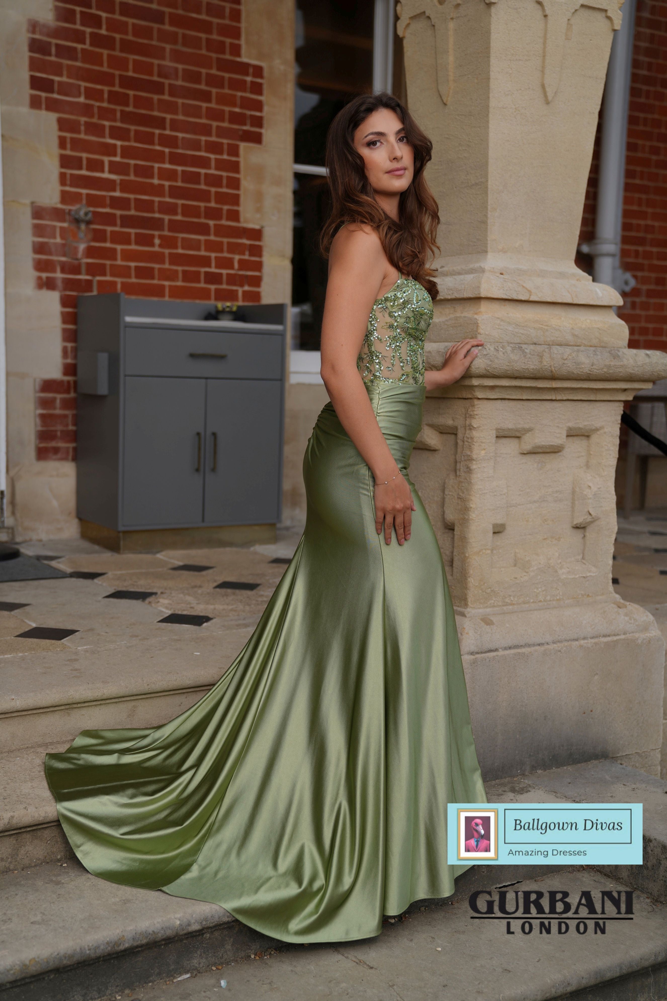 green emerald velvet dress Olive Green Prom Dresses Appliques V Neck Split main image 1