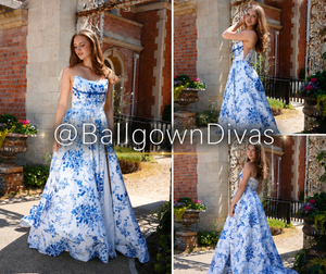 Sherri - Satin A-Line Prom Dress - Sky Blue Floral