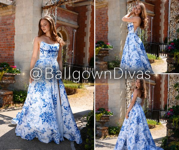 Sherri - Satin A-Line Prom Dress - Sky Blue Floral