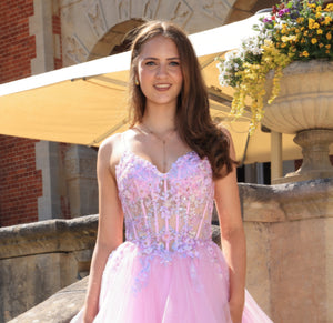 Cherry - Flower Corset Tull Prom Dress - Pink/Multi