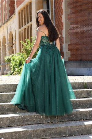 Gabriella - Corset Tulle Prom Dress - Emerald Green