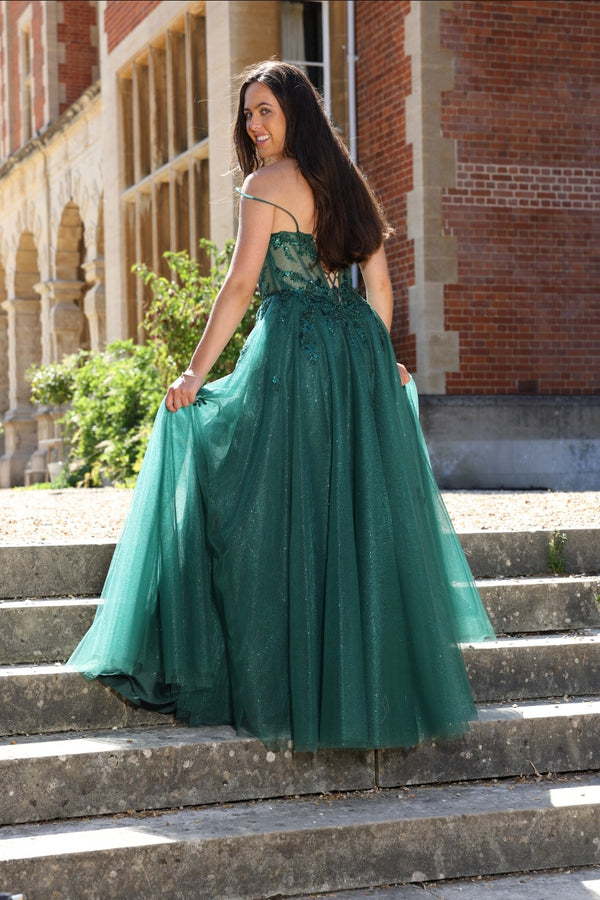 Gabriella - Corset Tulle Prom Dress - Emerald Green