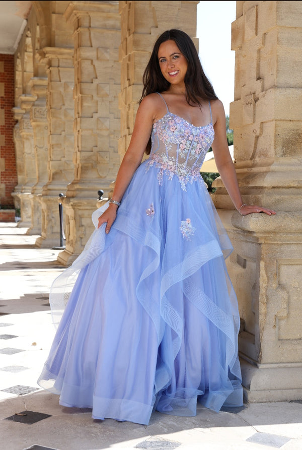 Florian - Layered Ruffle Tulle Prom Dress - Sky Blue