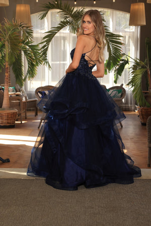 Jamie - Layered Ruffle Tulle Prom Dress - Navy