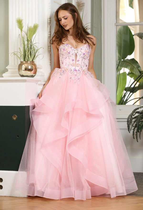 Bow - Waterfall Layered Tulle Skirt Prom Dress - Yellow