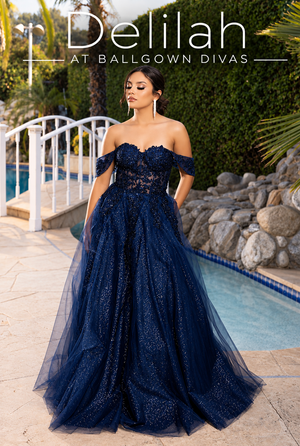Delilah - Off Shoulder Tulle Ballgown Prom Dress - Navy
