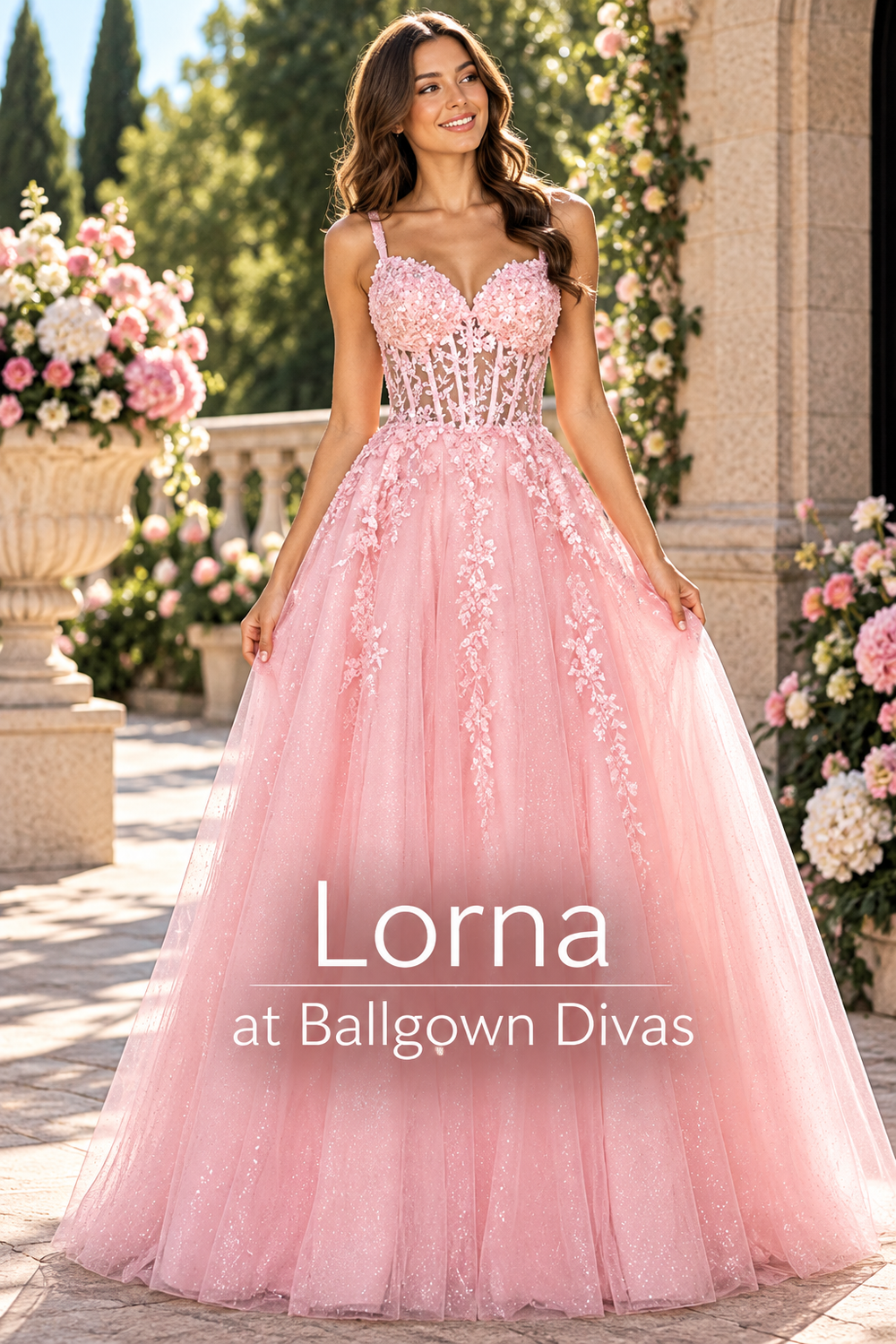 Lorna - Lace Bodice Ballgown Prom Dress - Pink