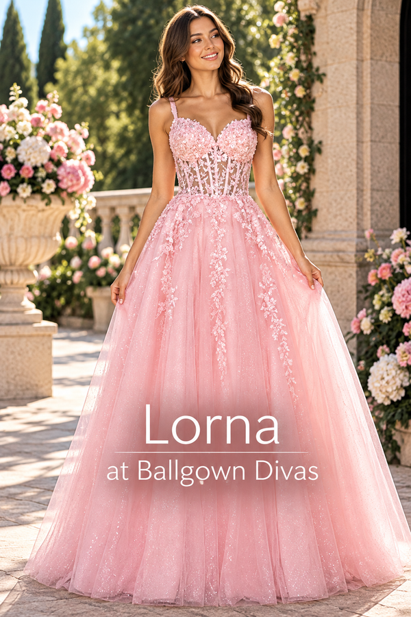 Lorna - Lace Bodice Ballgown Prom Dress - Pink