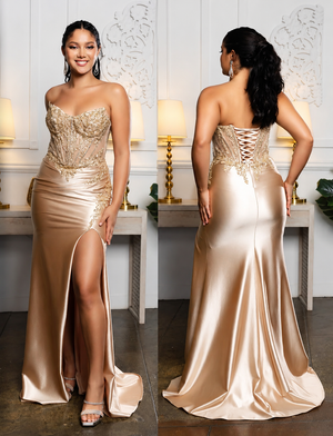 Micah - lace bodice prom dress - Champagne