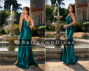 Belle - Fitted Sparkly Lace Back Prom Dress - Emerald