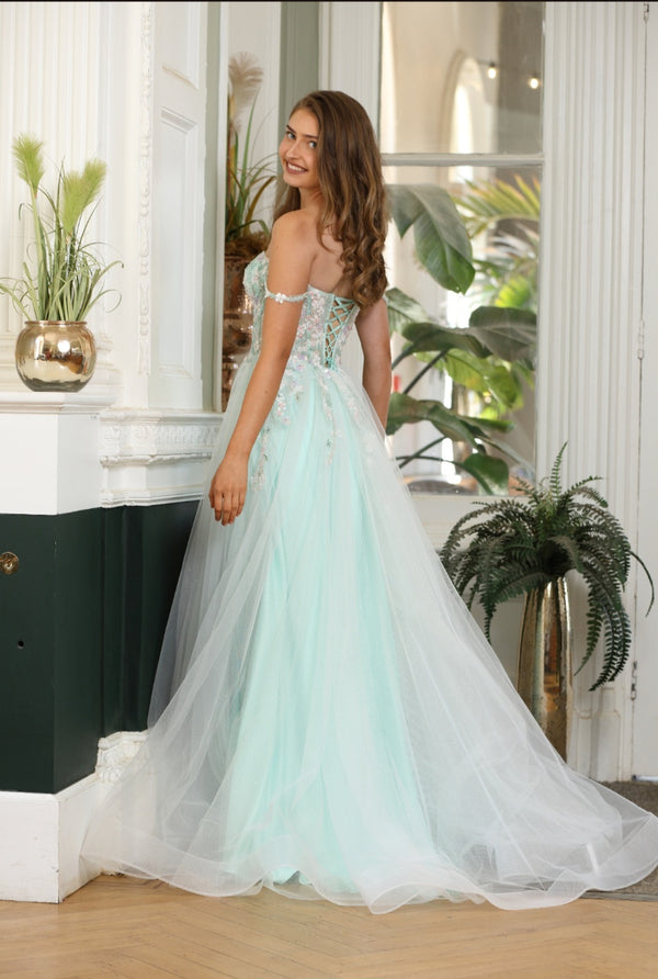Flora - Tulle Flower Off The Shoulder Prom Dress - Pink