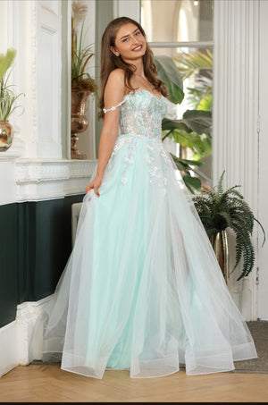 Flora - Tulle Flower Off The Shoulder Prom Dress - Pink