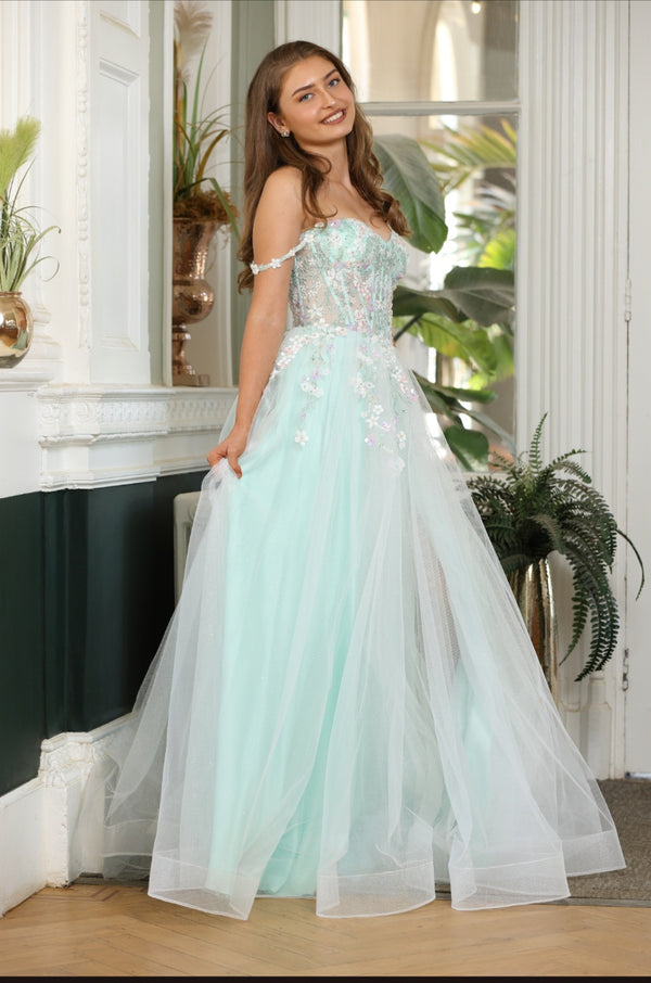 Flora - Tulle Flower Off The Shoulder Prom Dress - Pink