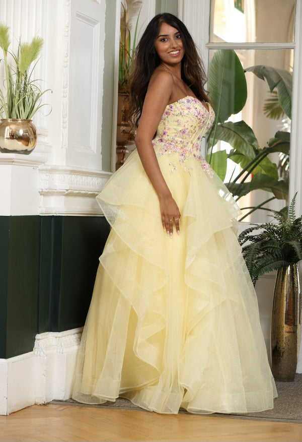 Bow - Waterfall Layered Tulle Skirt Prom Dress - Yellow
