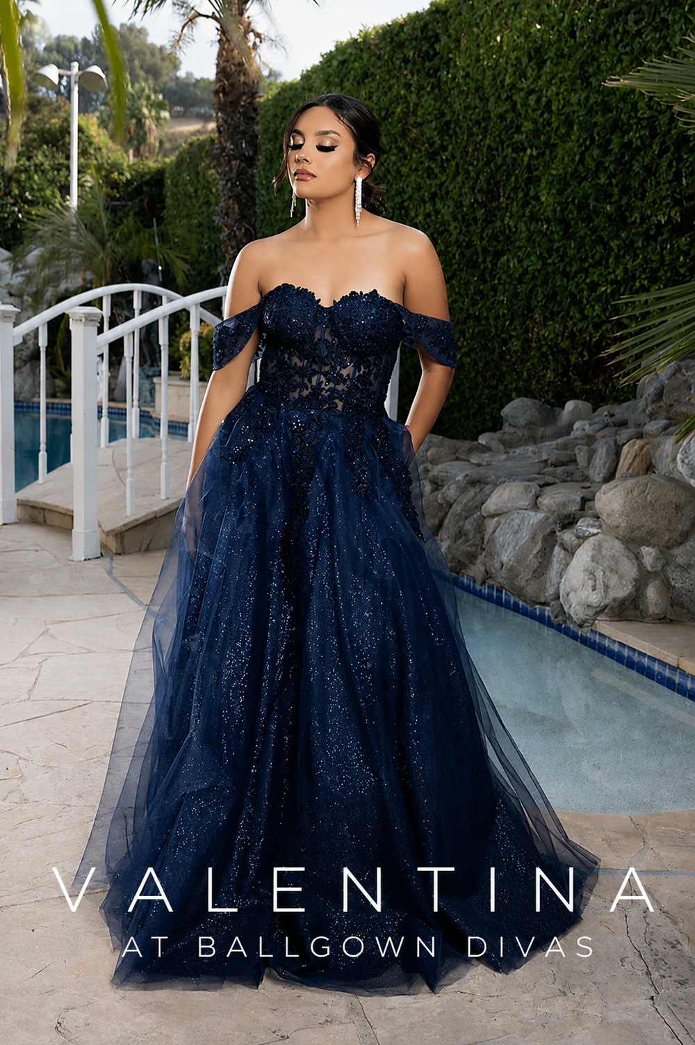 Valentina - Off The Shoulder Ballgown Prom Dress - Navy
