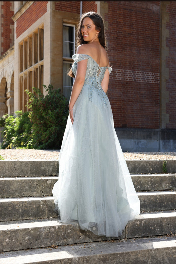 Autumn - Off The Shoulder Tulle Prom Dress - Sage, Pink, Sky Blue