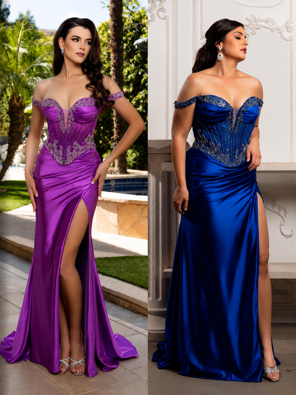 Frankie - Off the shoulder, fitted corset prom dress - Violet