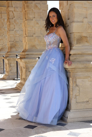 Florian - Layered Ruffle Tulle Prom Dress - Sky Blue