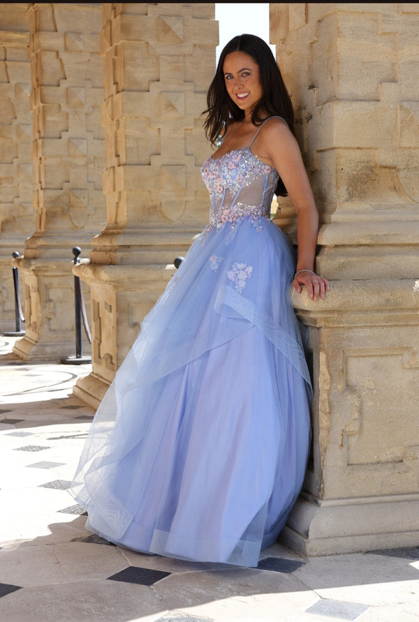 Florian - Layered Ruffle Tulle Prom Dress - Sky Blue