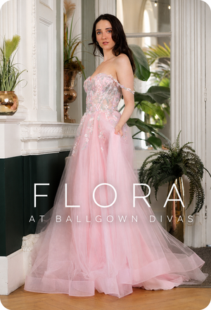 Flora - Tulle Flower Off The Shoulder Prom Dress - Pink