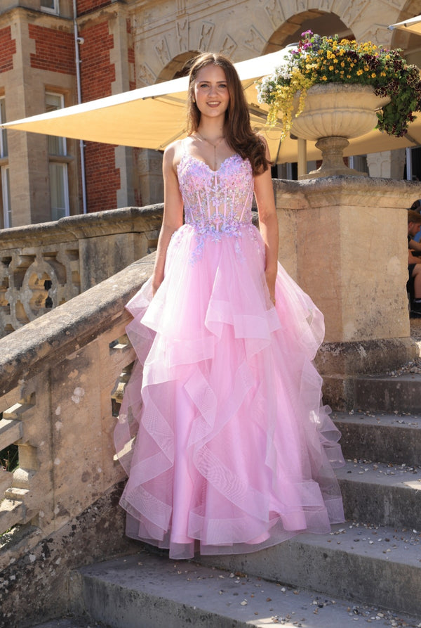 Cherry - Flower Corset Tull Prom Dress - Pink/Multi