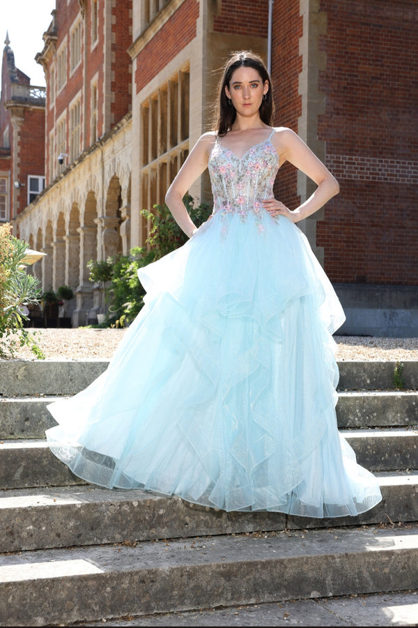 Cherry - Flower Corset Tull Prom Dress - Pink/Multi