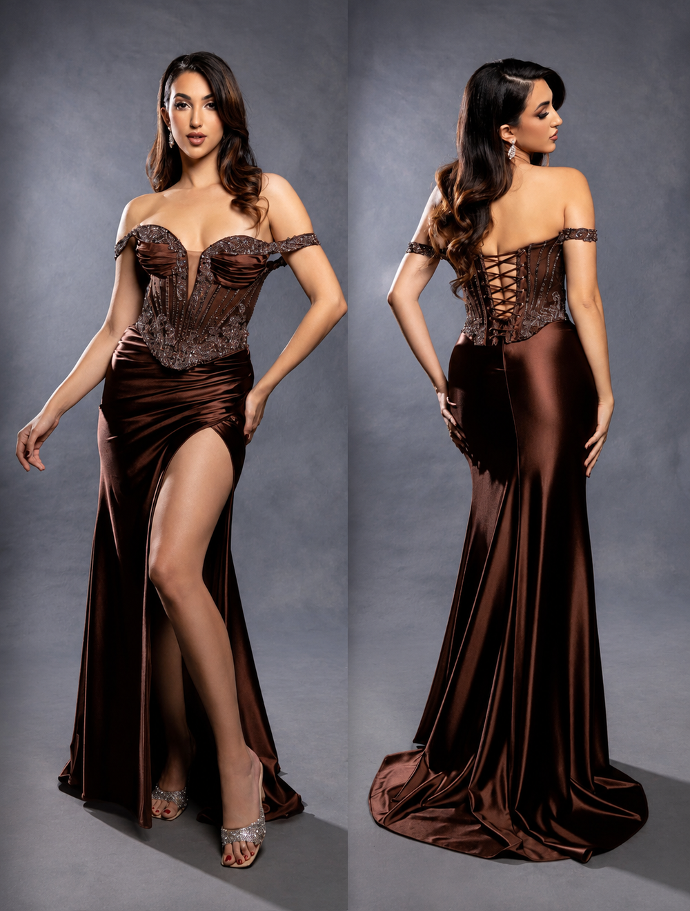 Frankie - Off the shoulder, fitted corset prom dress - Chocolate
