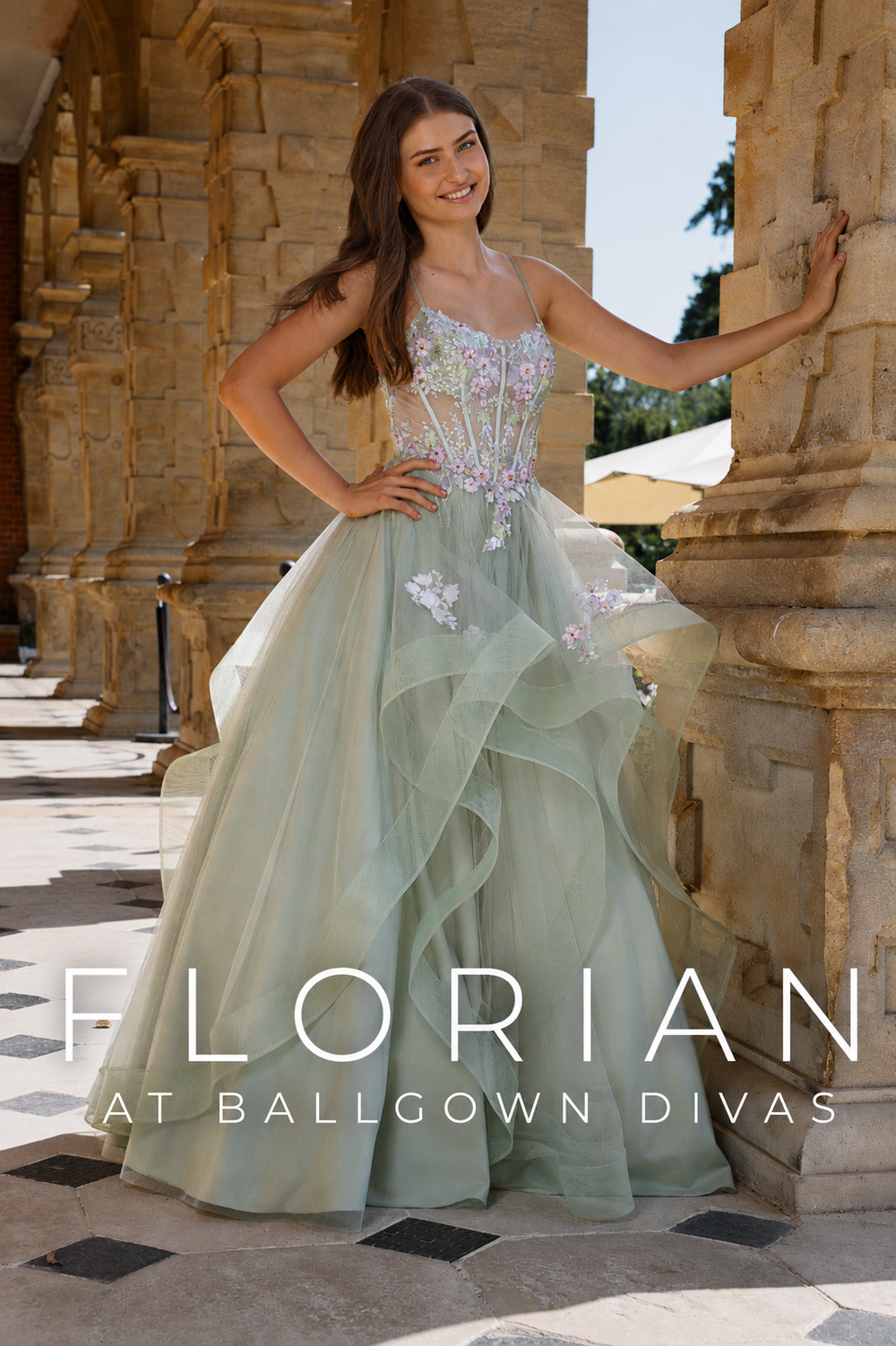 Florian - Layered Ruffle Tulle Prom Dress - Sage