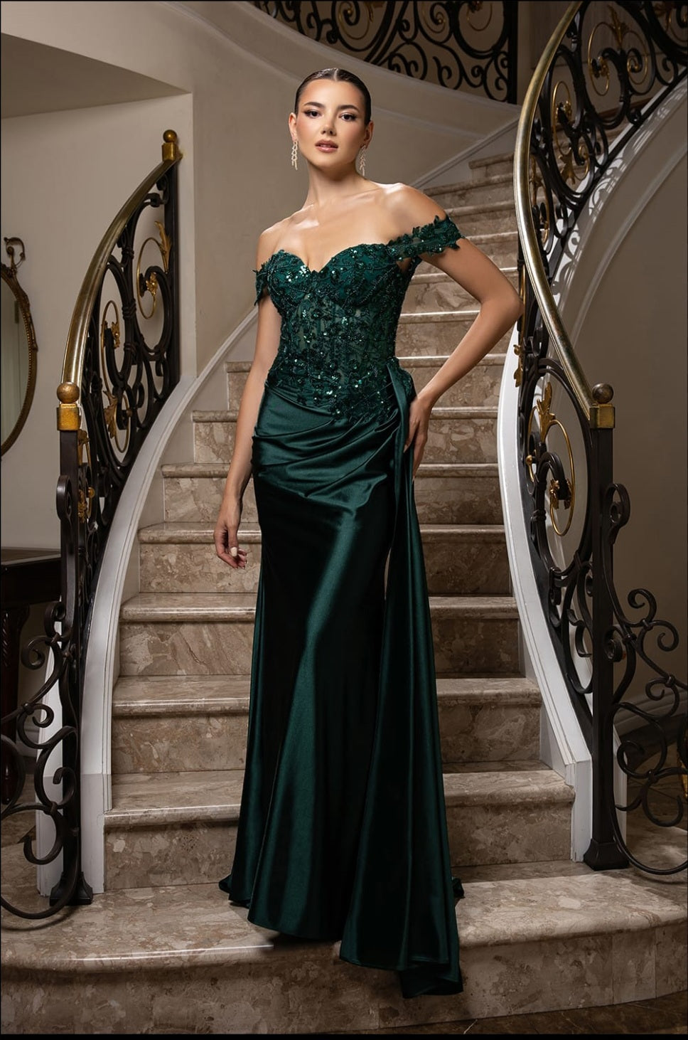 Ava - off the shoulder prom dress - green