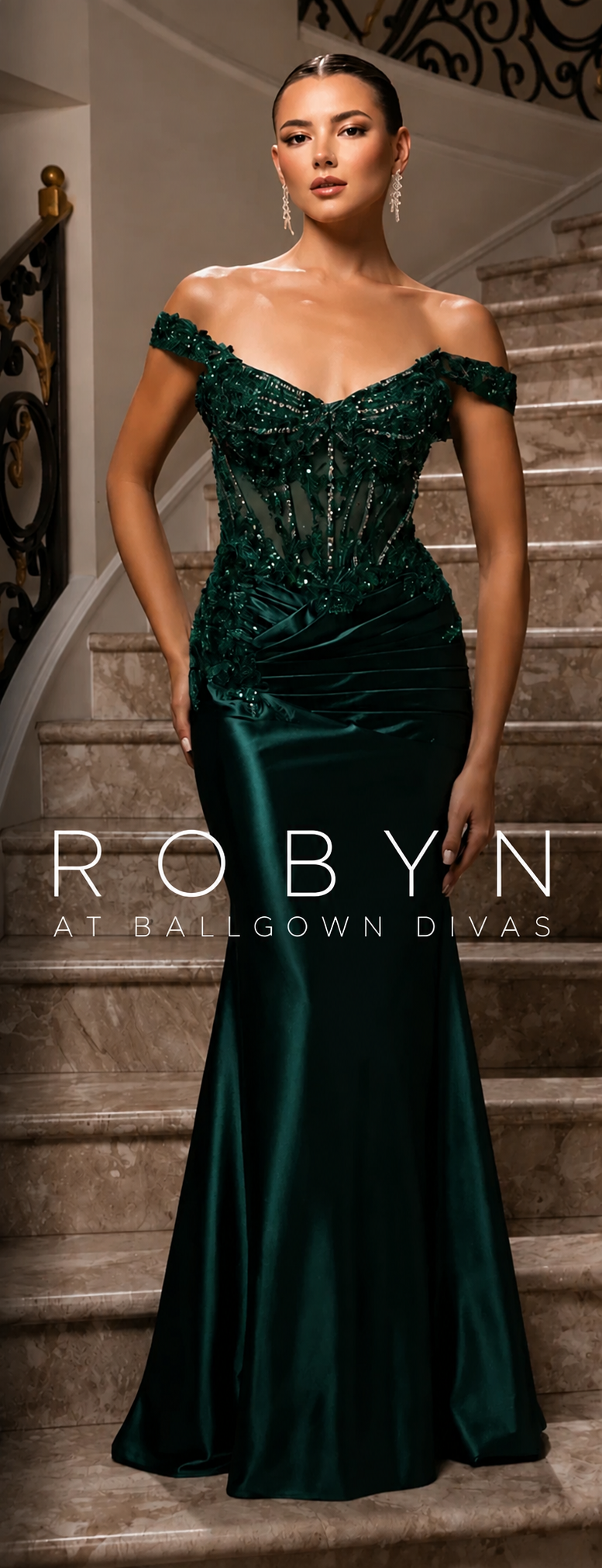 Robyn - fitted bardot sleeve prom dress - green
