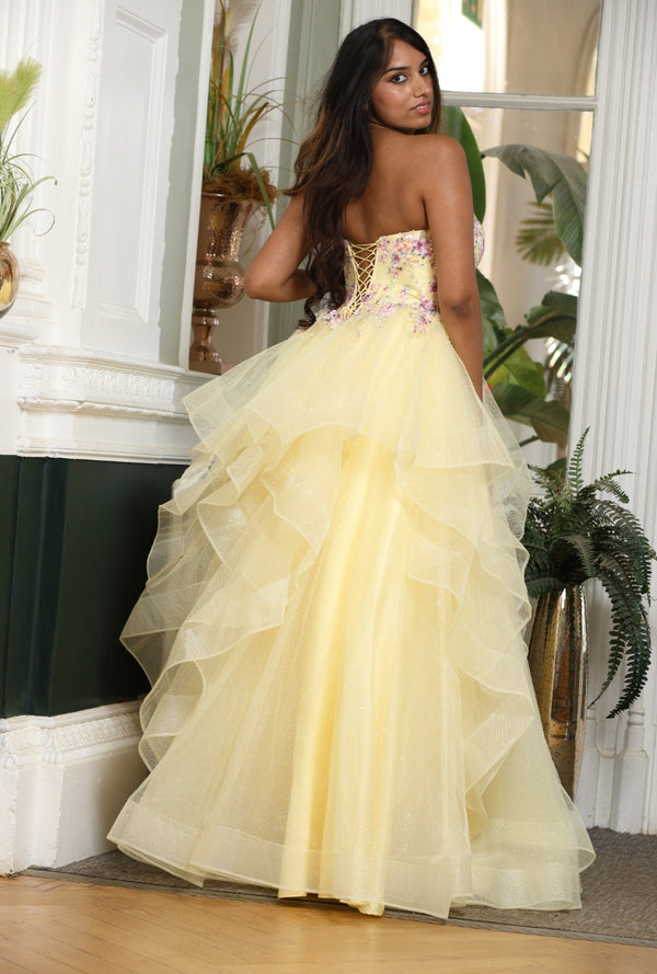 Bow - Waterfall Layered Tulle Skirt Prom Dress - Yellow