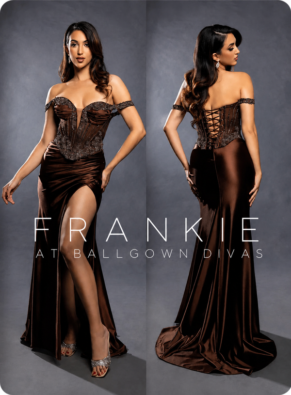 Frankie - Off the shoulder, fitted corset prom dress - Chocolate