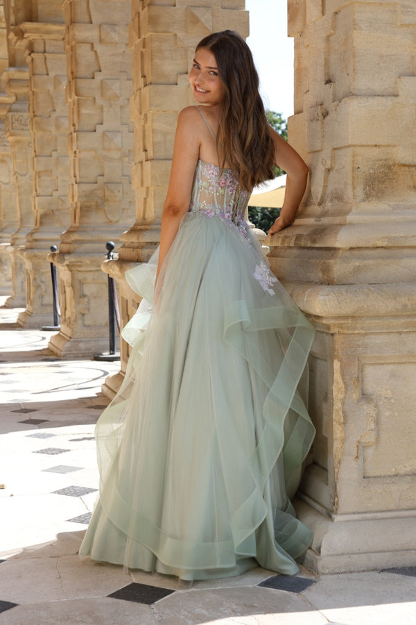 Florian - Layered Ruffle Tulle Prom Dress - Sky Blue