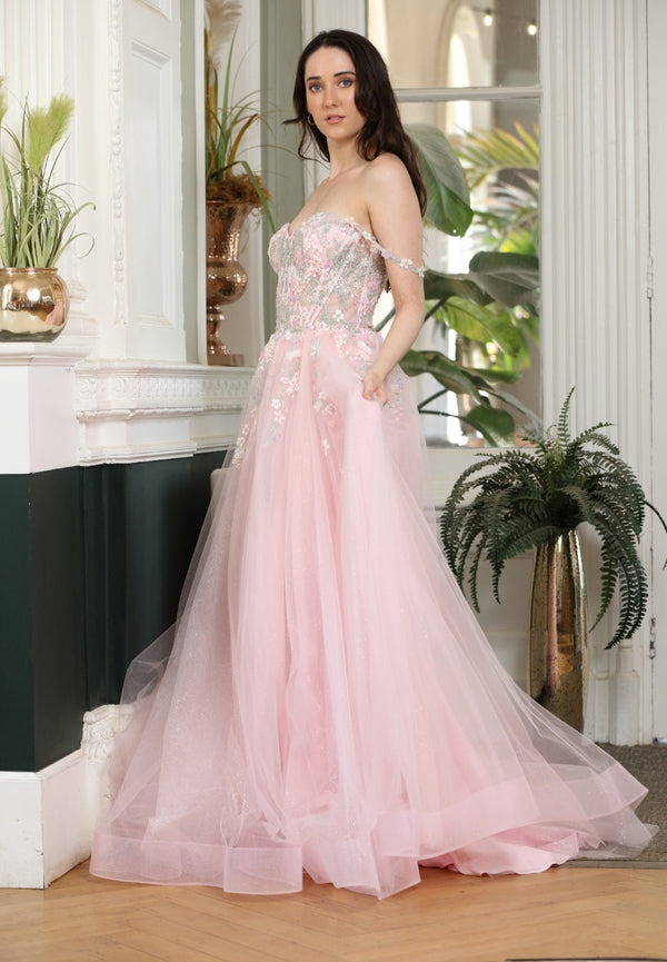 Flora - Tulle Flower Off The Shoulder Prom Dress - Mint