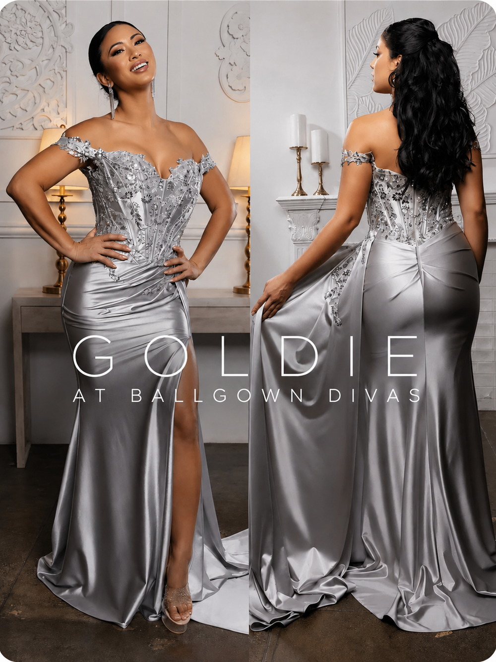 Goldie - embellished corset off shoulder prom dress - silver