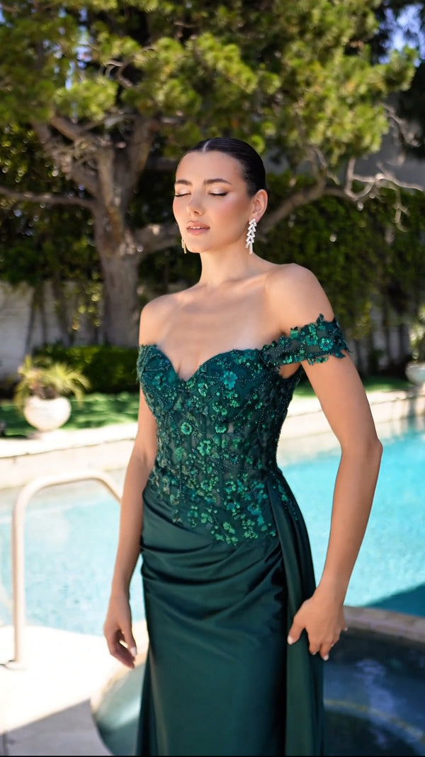Ava - off the shoulder prom dress - green