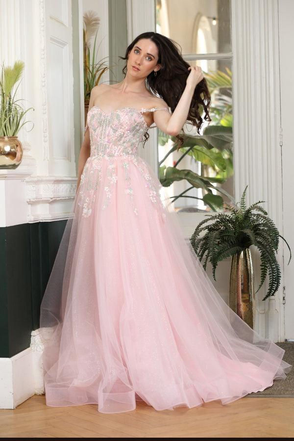 Flora - Tulle Flower Off The Shoulder Prom Dress - Pink