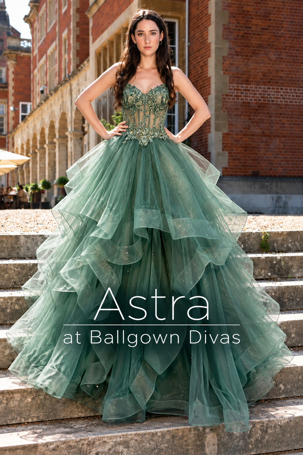 Astra - Lace embroidered layered prom dress - Sage