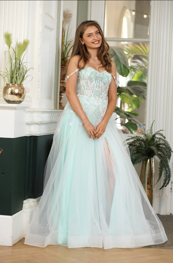 Flora - Tulle Flower Off The Shoulder Prom Dress - Pink