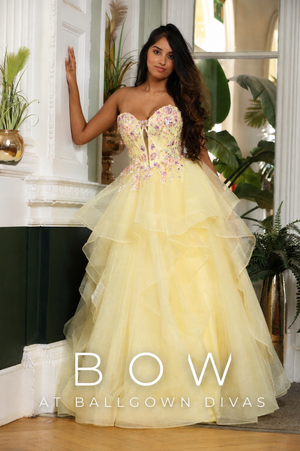 Bow - Waterfall Layered Tulle Skirt Prom Dress - Yellow