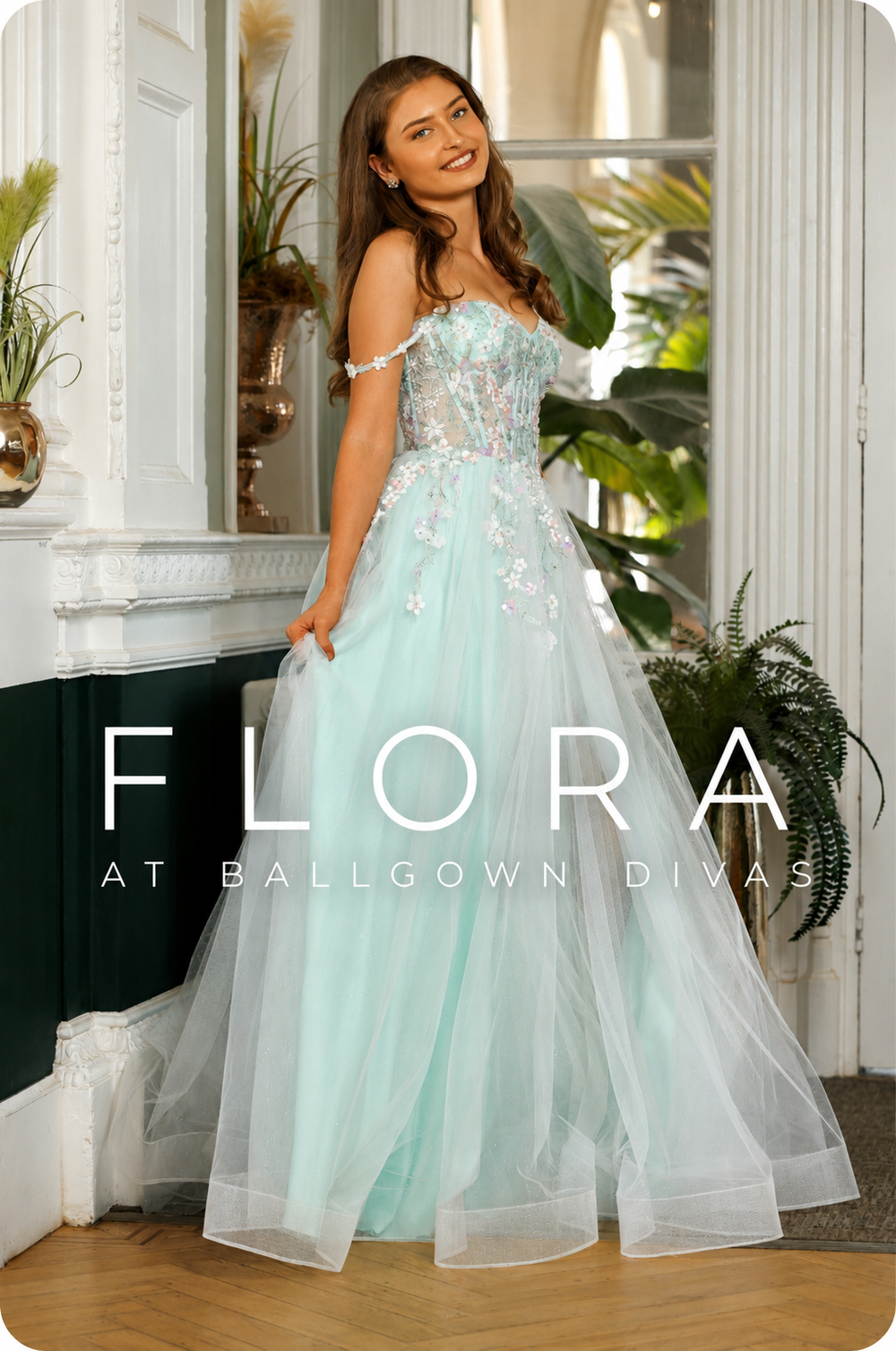 Flora - Tulle Flower Off The Shoulder Prom Dress - Mint