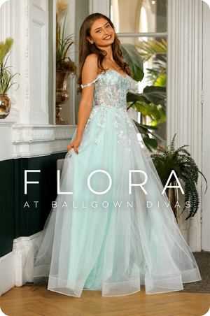 Flora - Tulle Flower Off The Shoulder Prom Dress - Mint