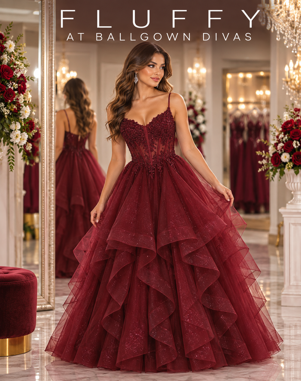 Fluffy - Layered Tulle Prom Dress - Burgundy